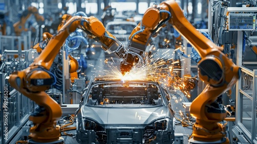 A modern automotive assembly line with robotic arms assembling car parts, sparks flying as welding takes place, high-tech machinery in the background