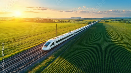 Aerial view of a high-speed train moving through rural landscapes at sunset