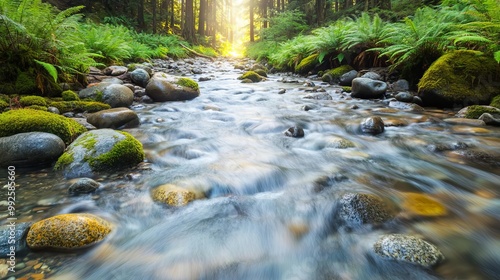 Clear river water cascading over rocks, surrounded by ferns and moss, sunlight filtering through trees, an untouched natural habitat