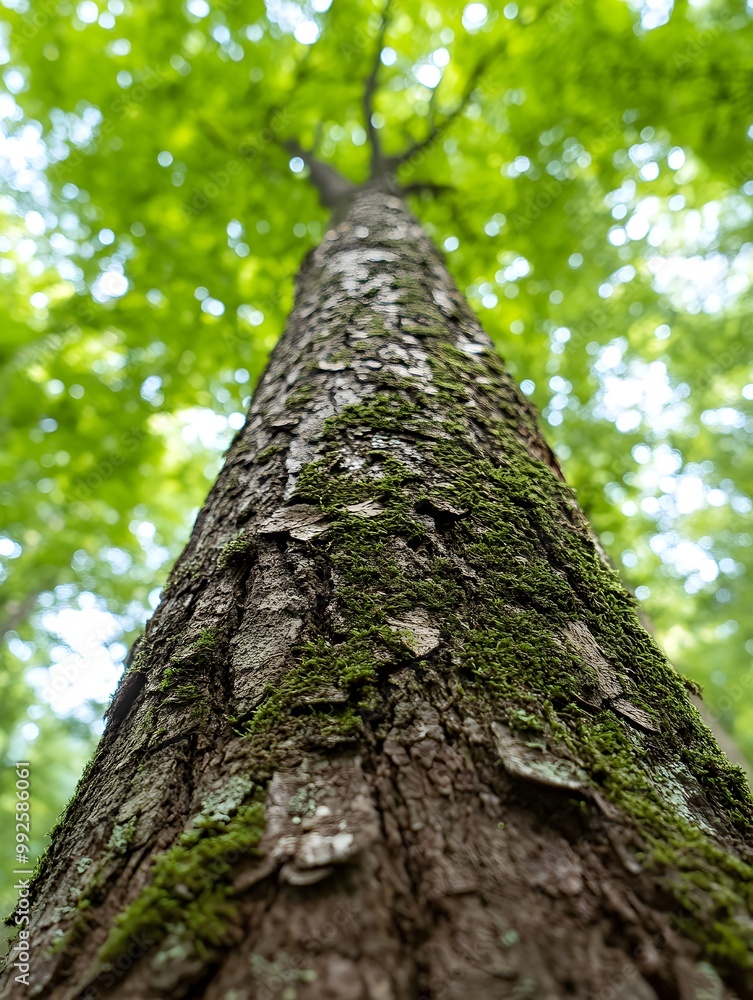 Moss Covered Tree Trunk in Forest Upwards View Moss Covered Tree Trunk in Forest Upwards View