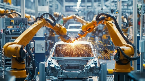 A modern automotive assembly line with robotic arms assembling car parts, sparks flying as welding takes place, high-tech machinery in the background