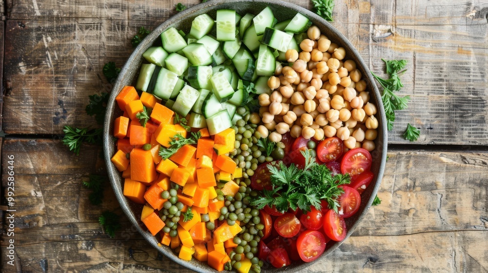 Overhead View of Vibrant Vegetarian Salad with Lentils, Chickpeas, and Fresh Vegetables on Wooden Background Overhead View of Vibrant Vegetarian Salad with Lentils, Chickpeas, and Fresh Vegetables on Wooden Background