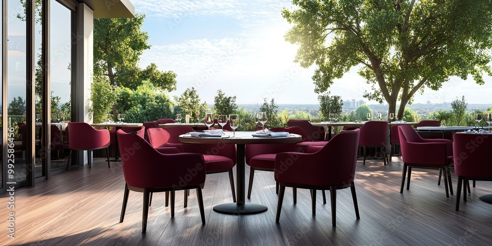 Obraz premium modern large hotel restaurant rooftop with luxury dark red table and chairs set, elegant wooden floor and beautiful natural view