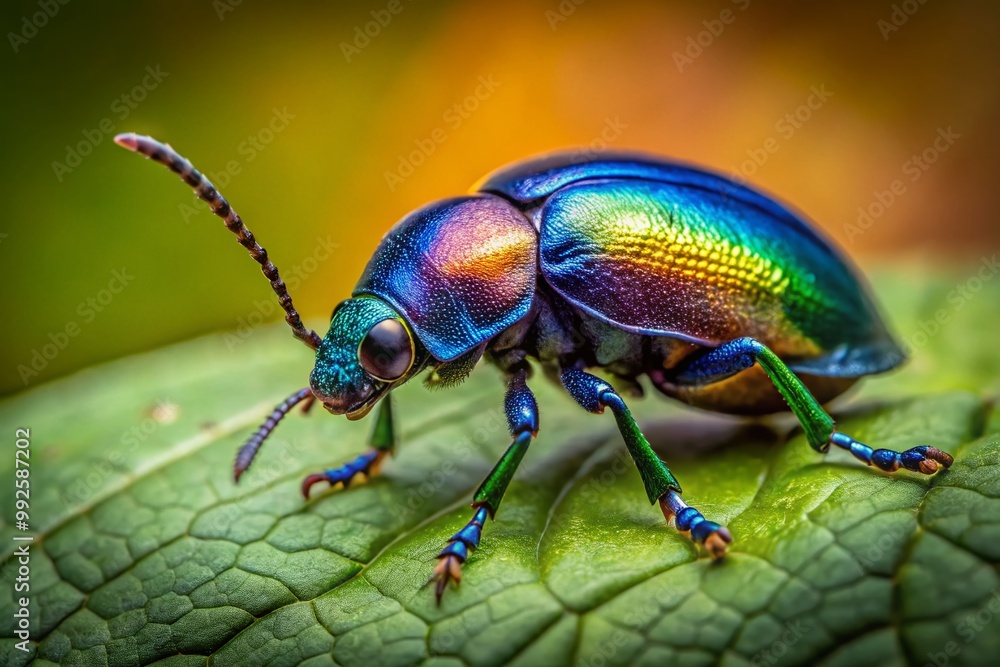 Naklejka premium Darkling Beetle on Leaf in Natural Habitat, Close-Up Photography of Insect with Detailed Features
