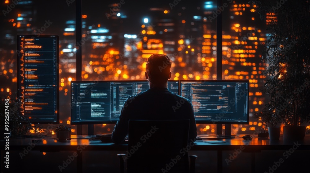 Nighttime Programmer Working in a Cityscape