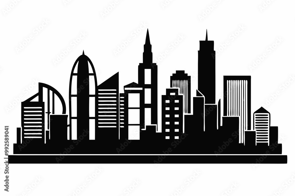Naklejka premiumHong Kong Skyline Silhouette Vector, Hong Kong City Silhouettes Clipart 