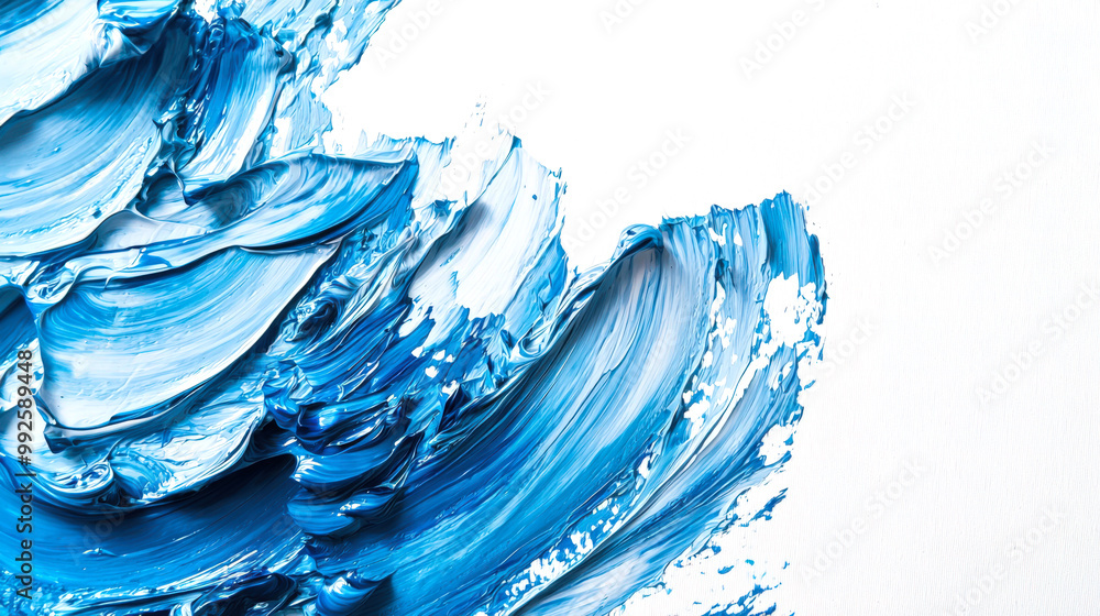 Close-up of expressive blue brushstrokes on a white background. Abstract blue-white background depicting a wave with patches of blue paint. There is movement and energy Close-up of expressive blue brushstrokes on a white background. Abstract blue-white background depicting a wave with patches of blue paint. There is movement and energy