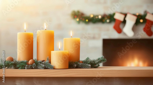 A cozy holiday mantel adorned with glowing candles, evergreen garlands, and festive stockings, creating a warm and inviting atmosphere in front of a glowing fireplace.