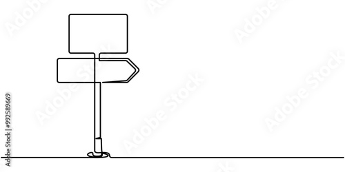 Road Sign Continuous Line Icon, Road direction sign arrows isolated on white background. Continuous one line drawing. Fingerpost in continuous line art drawing style. Signpost pointing.