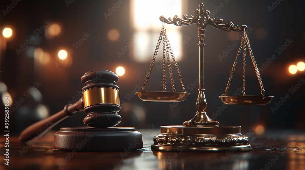 A gavel and scales of justice on a wooden table. A gavel and scales of justice on a wooden table.
