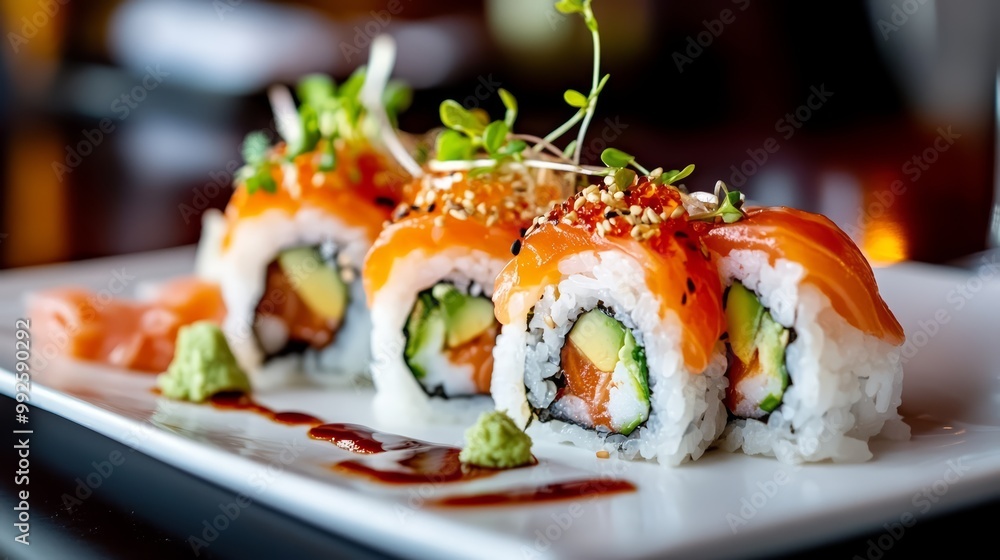 Gourmet Salmon and Avocado Sushi Rolls with Wasabi Garnish Gourmet Salmon and Avocado Sushi Rolls with Wasabi Garnish