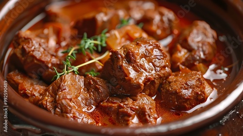 A stew made of meat simmered in a red vinegar sauce photo