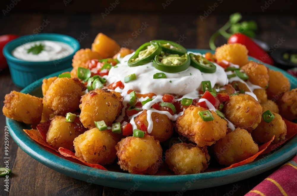 Loaded Tater Tots with Sour Cream, Jalapeños, Tomatoes, and Green Onions Loaded Tater Tots with Sour Cream, Jalapeños, Tomatoes, and Green Onions