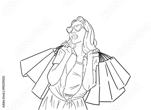 Outline illustration of happy woman with shopping bags, shopping happily in retro style, happy shopping, vector line art.