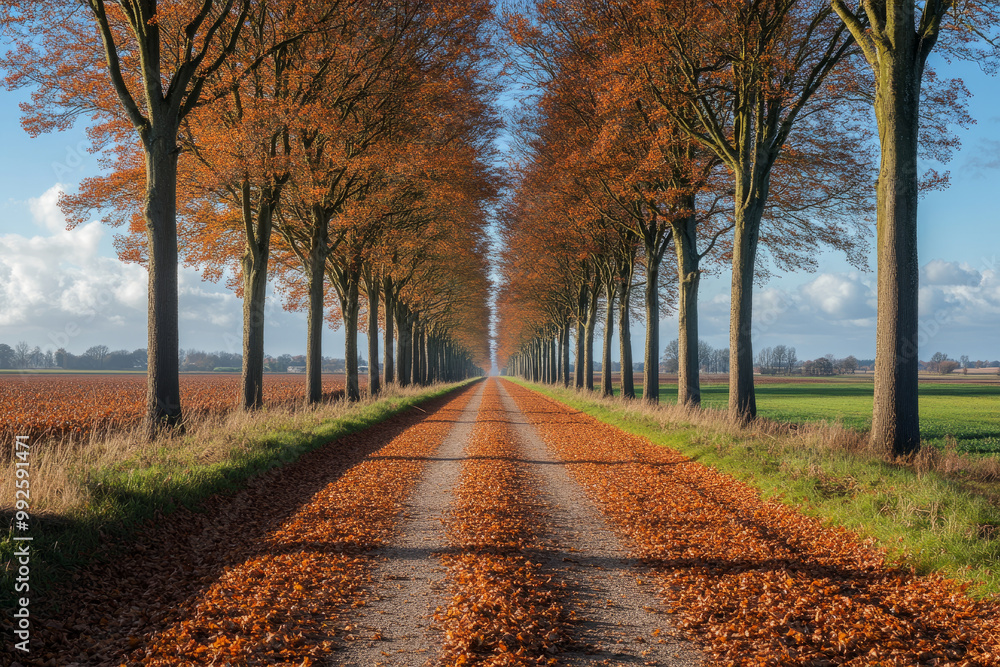Fototapeta premium A road lined with trees is covered in autumn leaves