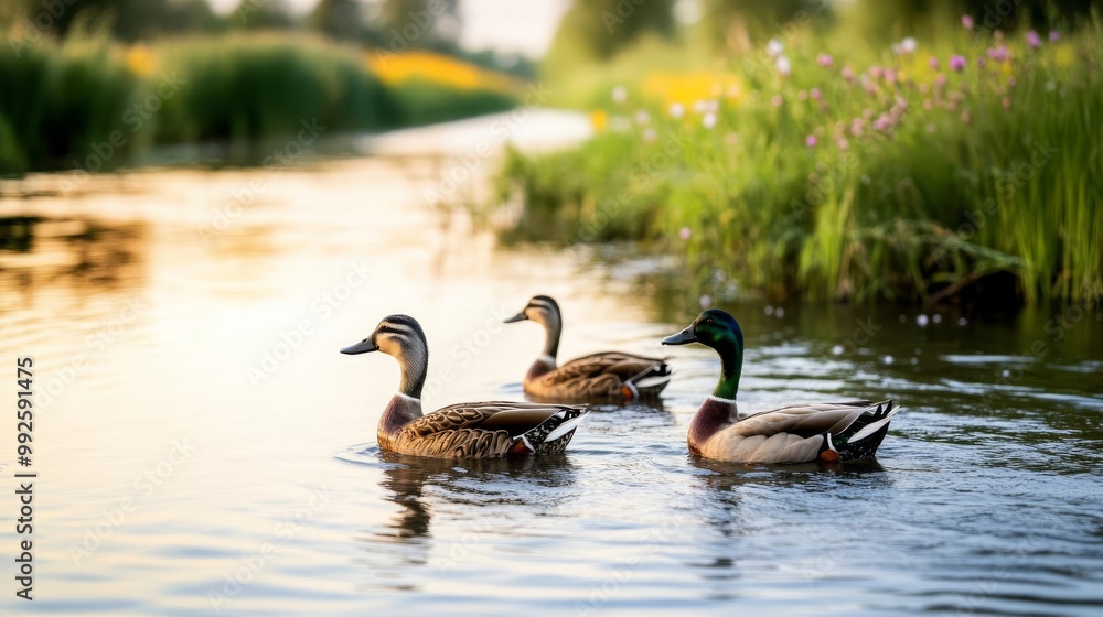 Family of ducks paddling in a clean river, gentle ripples, reeds and wildflowers on the banks, a peaceful and idyllic scene Family of ducks paddling in a clean river, gentle ripples, reeds and wildflowers on the banks, a peaceful and idyllic scene