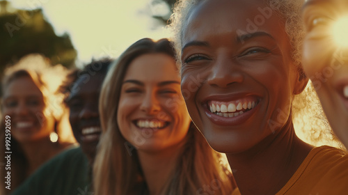 Close-up of diverse people smiling brightly outdoors, warm sunlight enhancing their happy expressions, soft focus on faces, vibrant and joyful atmosphere, natural background of trees and sky