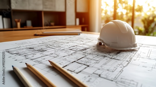 A modern workspace featuring a detailed architectural plan in focus, with pencils neatly arranged in the foreground and a white hard hat placed on the desk, symbolizing the future of construction. photo