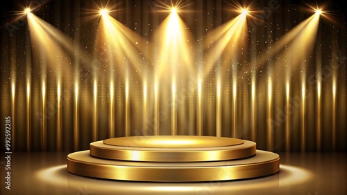 luxurious empty golden podium with spotlight lamps award ceremony stage background illustration, stage podium for product advertisement