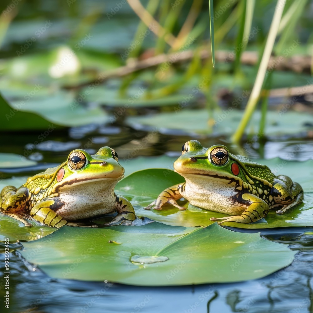 Frogs resting on lily pads, gentle ripples, clear river water, surrounded by reeds and overhanging branches, a peaceful ecosystem Frogs resting on lily pads, gentle ripples, clear river water, surrounded by reeds and overhanging branches, a peaceful ecosystem