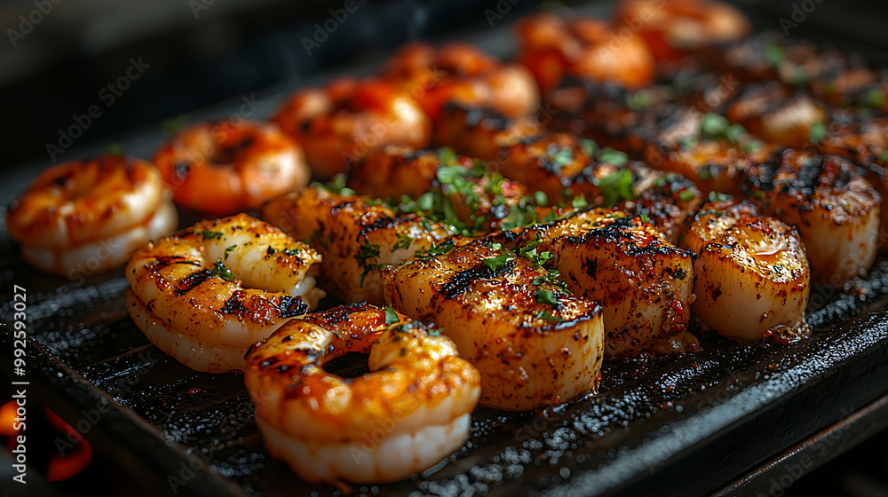 A sizzling plate of grilled seafood, including squid, prawns, and scallops A sizzling plate of grilled seafood, including squid, prawns, and scallops