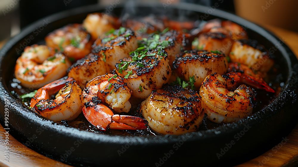 A sizzling plate of grilled seafood, including squid, prawns, and scallops A sizzling plate of grilled seafood, including squid, prawns, and scallops