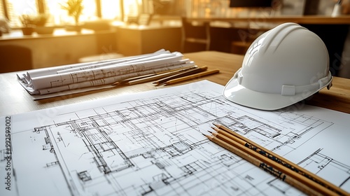 A modern workspace with architectural blueprints spread out, drafting pencils placed across the desk, and a white hard hat on the side. The soft, natural lighting adds depth to the scene, photo