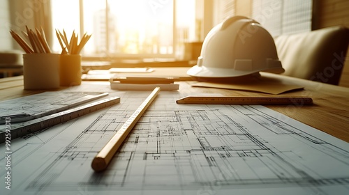 A neatly arranged architectural desk featuring a detailed blueprint, pencils, rulers, and a white hard hat, with soft sunlight casting gentle shadows, photo