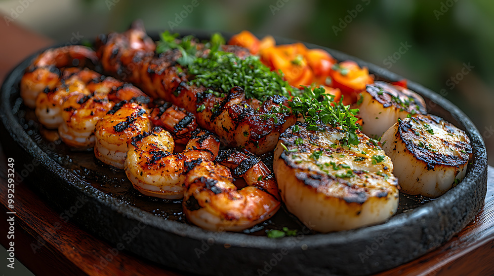 A sizzling plate of grilled seafood, including squid, prawns, and scallops A sizzling plate of grilled seafood, including squid, prawns, and scallops