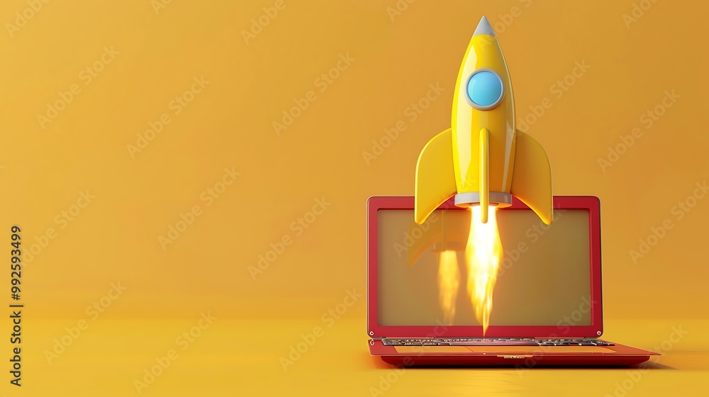 Aqua rocket emerging from the laptop yellow backdrop Aqua rocket emerging from the laptop yellow backdrop