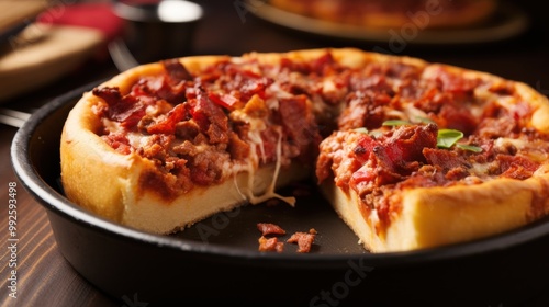 Wallpaper Mural A delicious deep-dish Chicago-style pizza, loaded with toppings, and with oozing cheese teasingly stretched from a generous slice. Torontodigital.ca