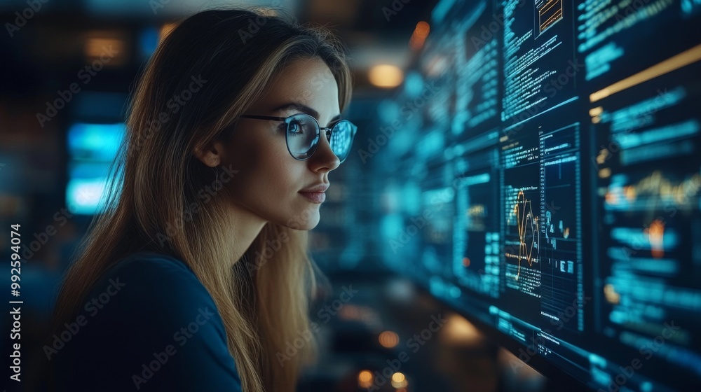 Focused Woman in Front of a Screen of Data Focused Woman in Front of a Screen of Data
