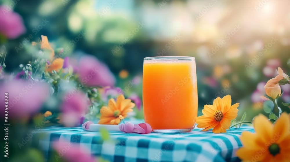 A refreshing glass of freshly squeezed juice sits on a picnic table adorned with a checkered tablecloth, with blooming flowers. A refreshing glass of freshly squeezed juice sits on a picnic table adorned with a checkered tablecloth, with blooming flowers.