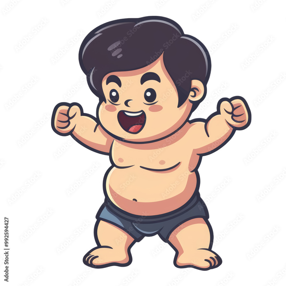 A happy cartoon boy with a large belly and a big smile, with arms raised in celebration. A happy cartoon boy with a large belly and a big smile, with arms raised in celebration.