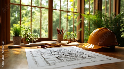 A professional architectural desk with a detailed blueprint, pencils, and a hard hat positioned beside it, with sunlight streaming in from a nearby window. photo