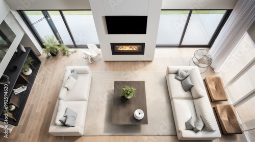 A top-down view of a spacious living room in a modern house, featuring sleek furniture, large windows, and a cozy fireplace, epitomizing contemporary comfort and design.