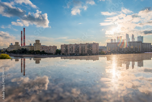 Photography View of Berezhkovskaya Embankment in Moscow with reflection on a mirror stone su