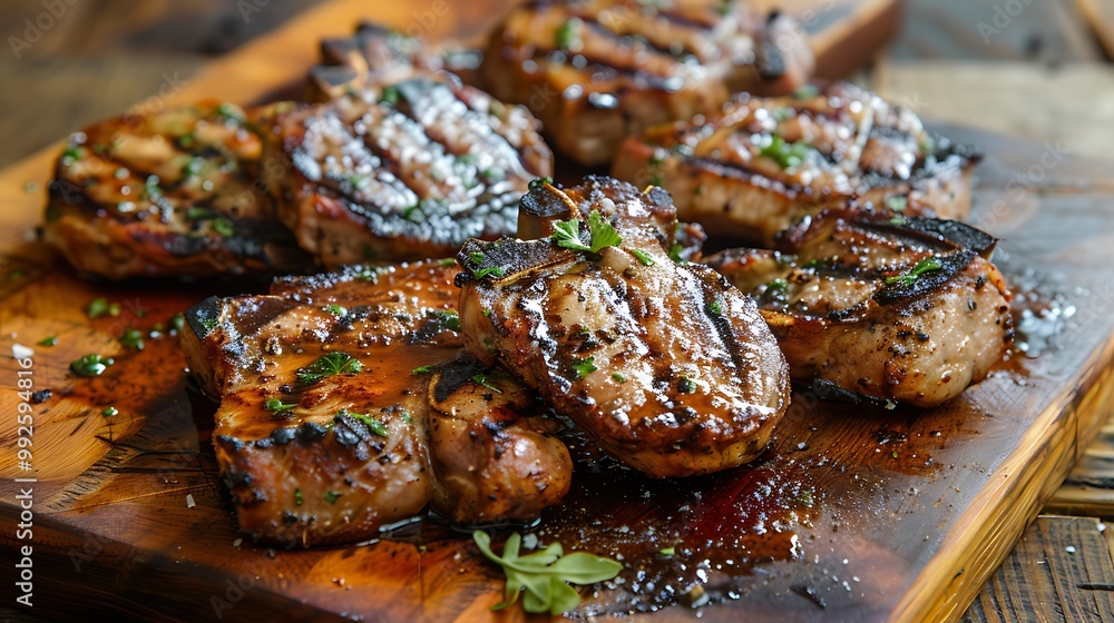 Barbecued pork chops at the dining hall wooden table Barbecued pork chops at the dining hall wooden table