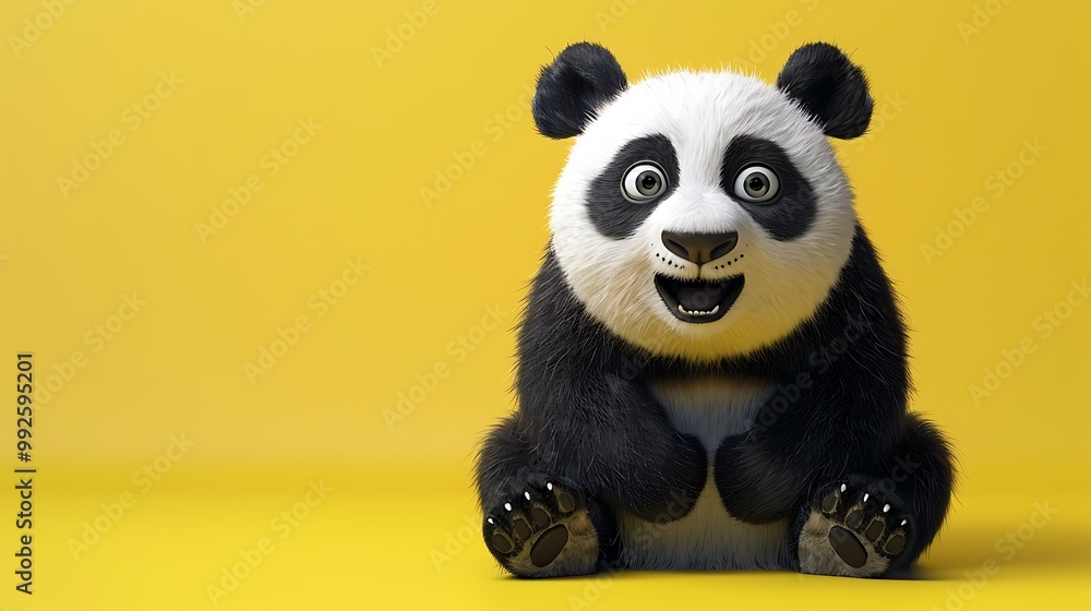 Big eyed startled panda alone on a yellow backdrop Big eyed startled panda alone on a yellow backdrop