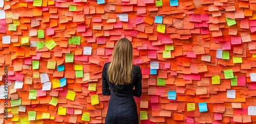 Sticky Note Post It Board Office. Business people meeting at office and use post it notes to share idea. Brainstorming concept. Sticky note on glass wall or blackboard. Set of colorful blank notes. 