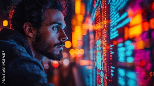 Man Gazing at a Wall of Data in Neon Lights