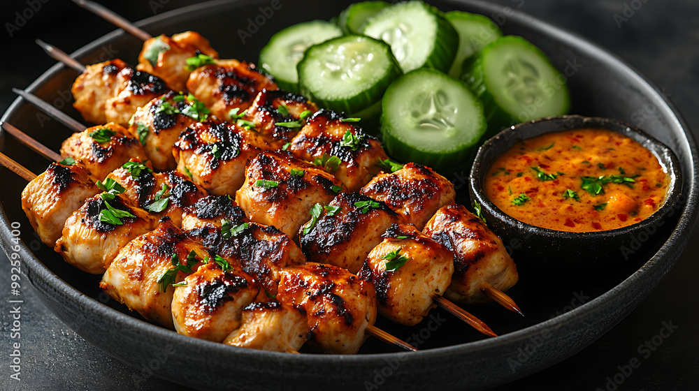 Skewers of grilled chicken satay with peanut sauce, served with cucumber relish, grilled chicken satay Skewers of grilled chicken satay with peanut sauce, served with cucumber relish, grilled chicken satay