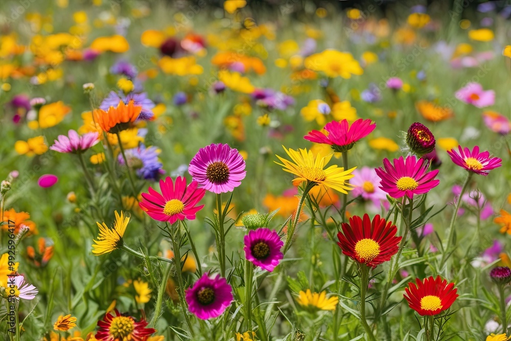 Vibrant Wildflowers Blooming in a Sunny Meadow - A Lively Summer Background Scene Vibrant Wildflowers Blooming in a Sunny Meadow - A Lively Summer Background Scene