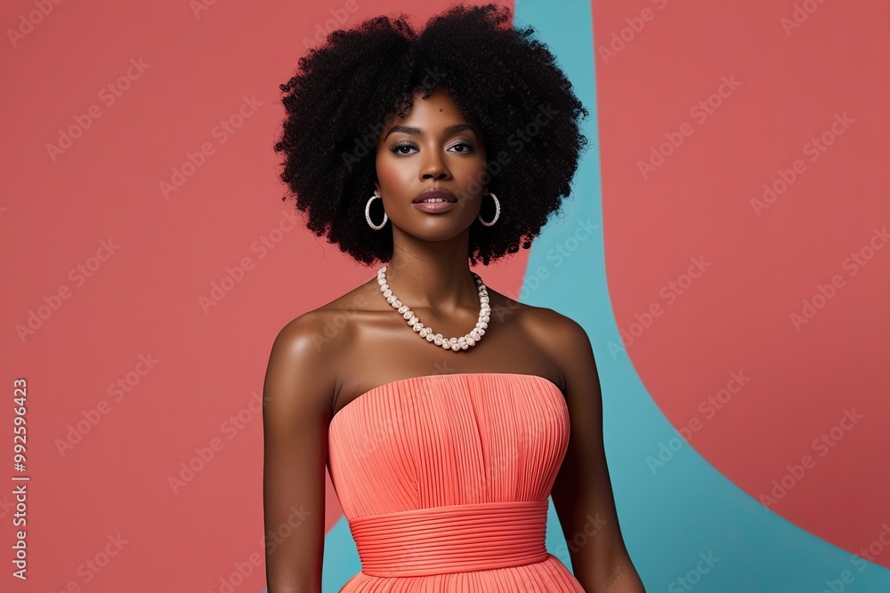 Avant-garde African American Muse in Coral with Youthful Grace on a Vivid Background Avant-garde African American Muse in Coral with Youthful Grace on a Vivid Background