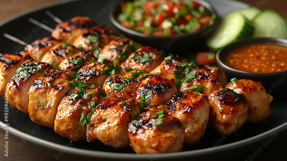 Skewers of grilled chicken satay with peanut sauce, served with cucumber relish, grilled chicken satay Skewers of grilled chicken satay with peanut sauce, served with cucumber relish, grilled chicken satay