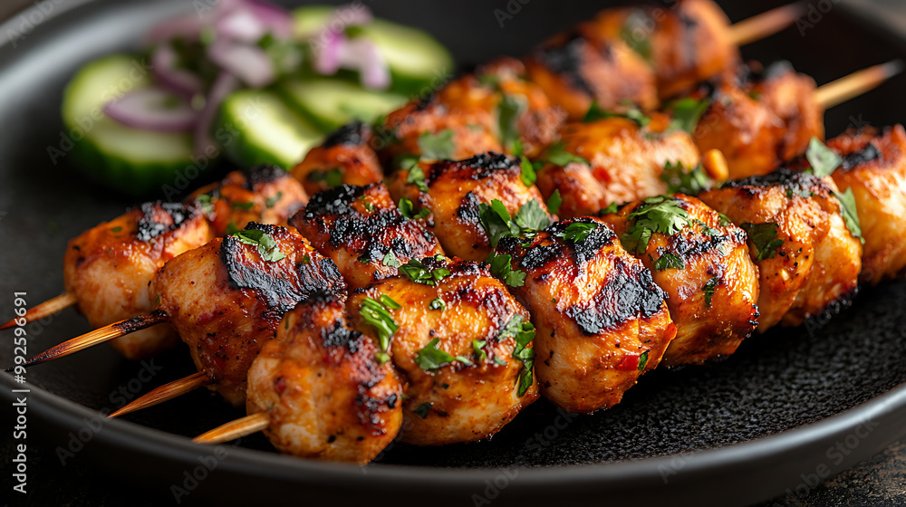 Skewers of grilled chicken satay with peanut sauce, served with cucumber relish, grilled chicken satay Skewers of grilled chicken satay with peanut sauce, served with cucumber relish, grilled chicken satay