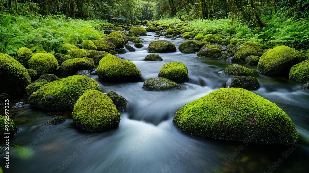 Pristine river flowing over moss-covered rocks, lush forest surrounding the banks, dragonflies hovering above the water, peaceful and untouched Pristine river flowing over moss-covered rocks, lush forest surrounding the banks, dragonflies hovering above the water, peaceful and untouched