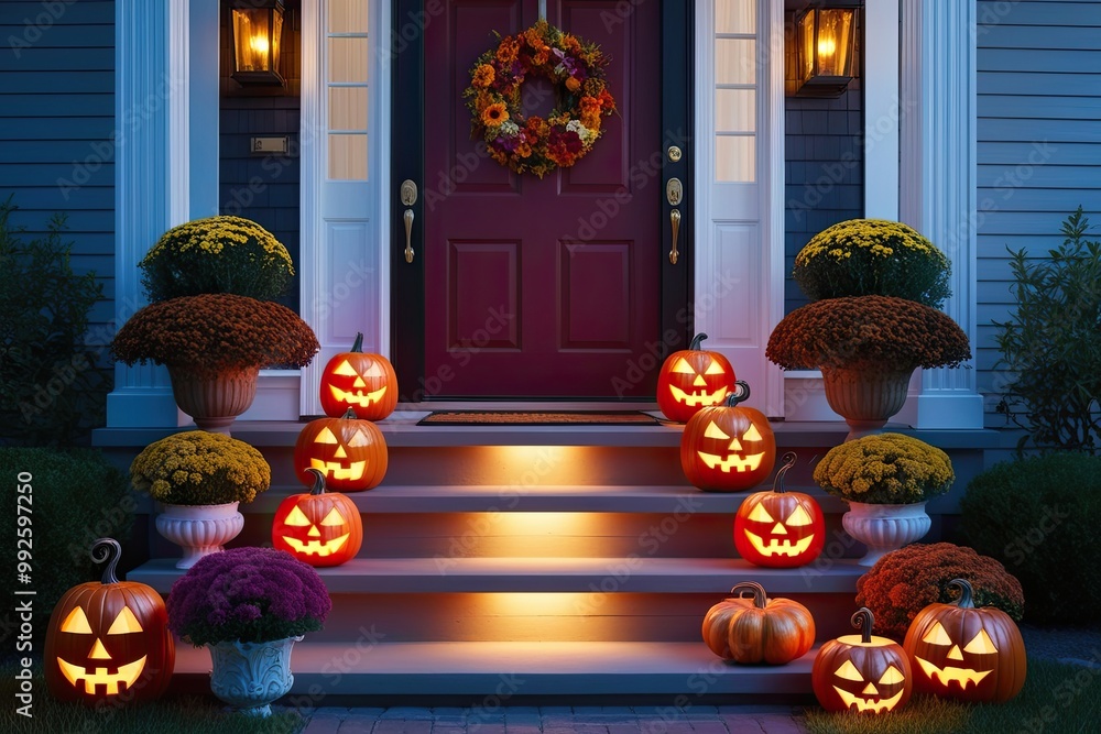 Obraz premium Charming Whimsical Halloween Scene with Glowing Jack o' Lanterns and Colorful Flowers on Front Steps