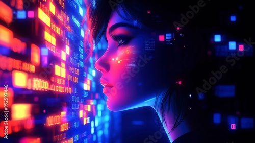 Cyberpunk Woman in Neon Digital Landscape: Sci-Fi, Tech, and Futuristic Designs, Abstract Art, Digital Art, and Electric Blue Matrix for Navigating the Digital World with Futuristic Tech