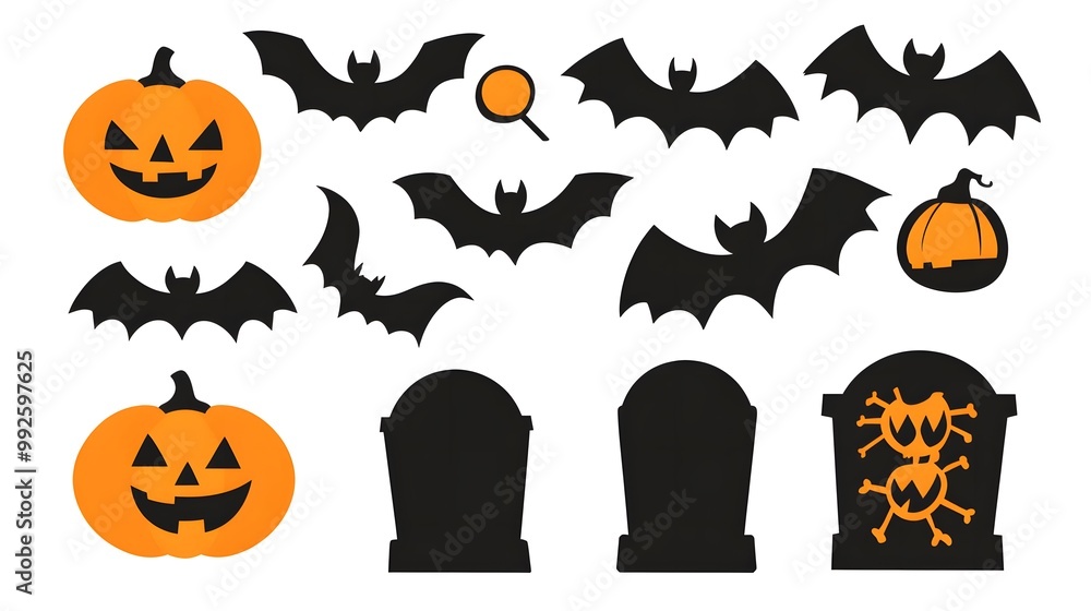 Minimalist Halloween Elements Featuring Gravestones, Bats, and Pumpkins in Simple Black and Orange Flat Vector Design Against a White Background. Festive Decorations and Seasonal Celebrations Minimalist Halloween Elements Featuring Gravestones, Bats, and Pumpkins in Simple Black and Orange Flat Vector Design Against a White Background. Festive Decorations and Seasonal Celebrations